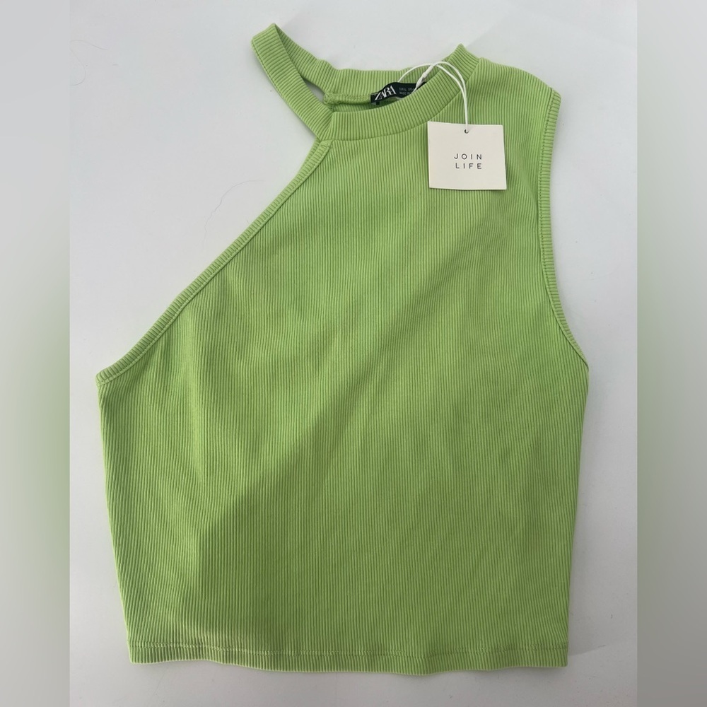 Zara Lime Green One-Shoulder Ribbed Crop Top